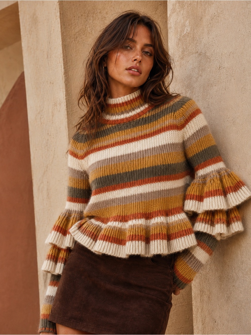 Current Air NWOT Cropped Ruffle Sleeve Tiered Stripe Knit Sweater, Size S